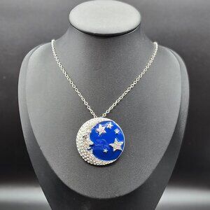 Blue Enamel & Rhinestone Crescent Moon & Stars Pendant Brooch Necklace 1-3/4"